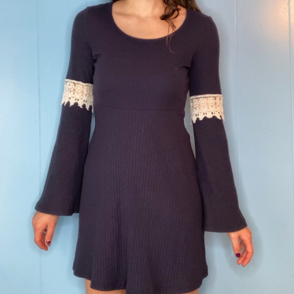 Knit Navy Blue Dress-Bell Sleeves-Embroidered Sleeve Cutouts